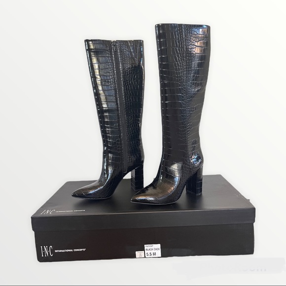 INC Black patent leather crocodile Embossed Block heel knee high boots - Picture 7 of 7